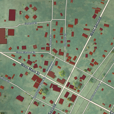 Close-up of the map of Bradford, Arkansas print showing street and building detail