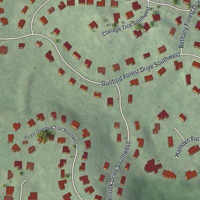 Close-up of the map of West Cascade, Georgia print showing street and building detail