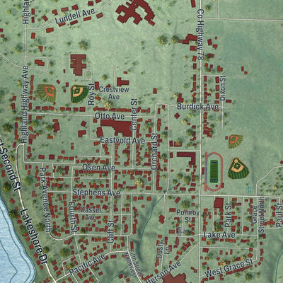 Close-up of the map of Ortonville, Minnesota print showing street and building detail