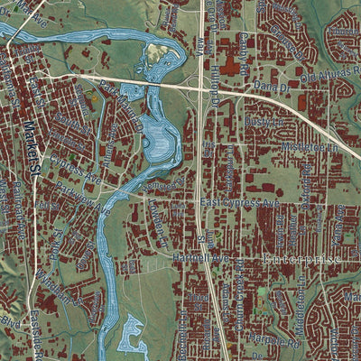 Close-up of the map of Redding, California print showing street and building detail