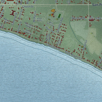 Close-up of the map of Lake Waccamaw, North Carolina print showing street and building detail