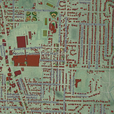Close-up of the map of North Canton, Ohio print showing street and building detail