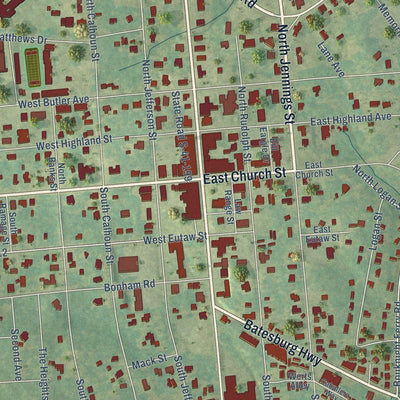 Close-up of the map of Saluda, South Carolina print showing street and building detail