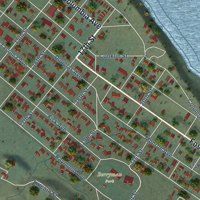 Close-up of the map of Bridgeport, Washington print showing street and building detail