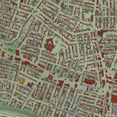 Close-up of the map of Valley Stream, New York print showing street and building detail
