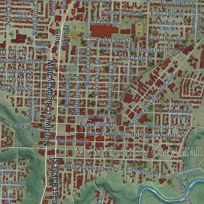 Close-up of the map of McMinnville, Oregon print showing street and building detail