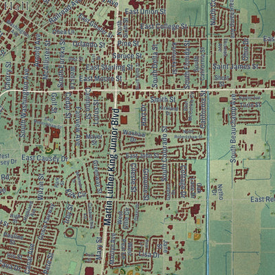 Close-up of the map of Greenville, Mississippi print showing street and building detail