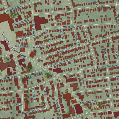 Close-up of the map of Roosevelt, New York print showing street and building detail