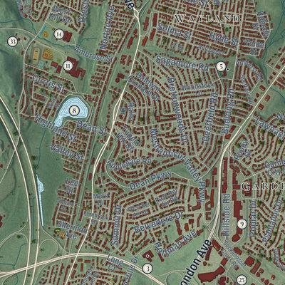 Close-up of the map of Cranston, Rhode Island print showing street and building detail