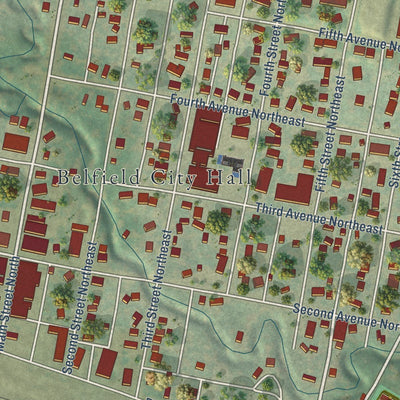 Close-up of the map of Belfield, North Dakota print showing street and building detail