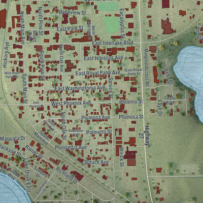 Close-up of the map of Lake Placid, Florida print showing street and building detail