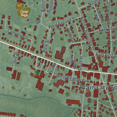 Close-up of the map of Plain City, Ohio print showing street and building detail