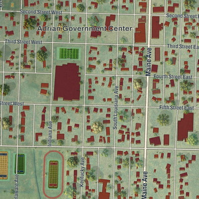 Close-up of the map of Adrian, Minnesota print showing street and building detail