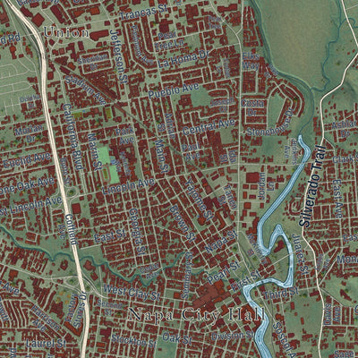 Close-up of the map of Napa, California print showing street and building detail