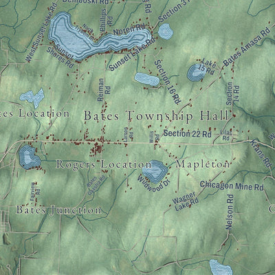 Close-up of the map of Bates, Michigan print showing street and building detail