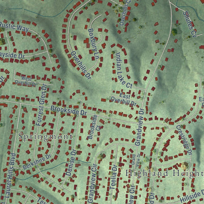 Close-up of the map of Green Hill, Tennessee print showing street and building detail