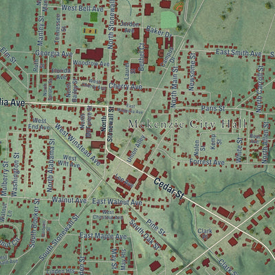 Close-up of the map of McKenzie, Tennessee print showing street and building detail