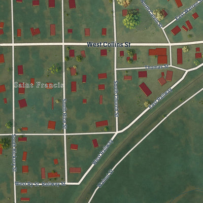 Close-up of the map of St. Francis, Arkansas print showing street and building detail