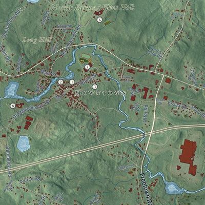 Close-up of the map of Raymond, New Hampshire print showing street and building detail