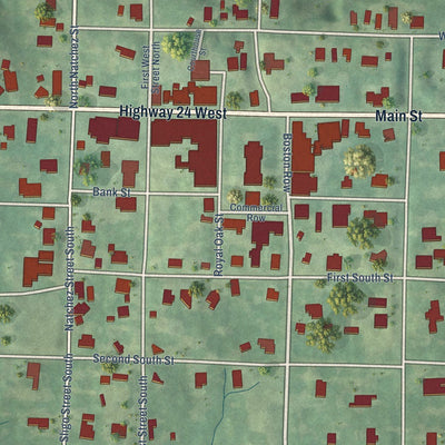Close-up of the map of Woodville, Mississippi print showing street and building detail