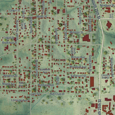 Close-up of the map of Bethany, Missouri print showing street and building detail
