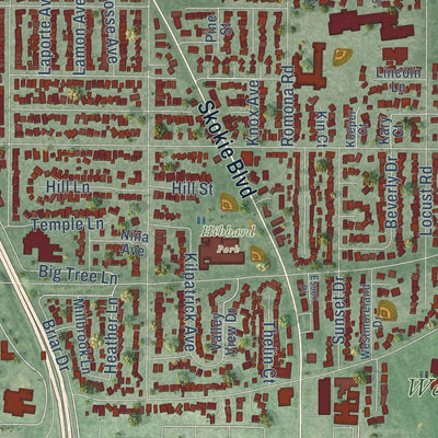 Close-up of the map of Wilmette, Illinois print showing street and building detail