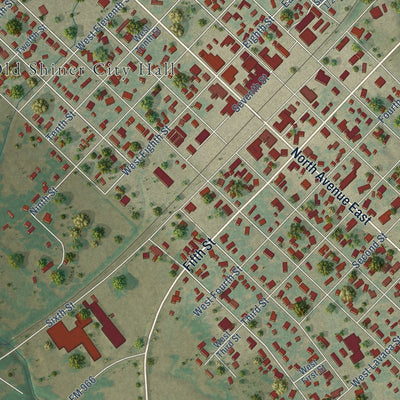 Close-up of the map of Shiner, Texas print showing street and building detail