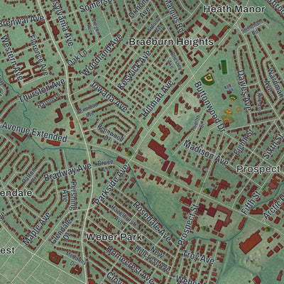 Close-up of the map of Ewing, New Jersey print showing street and building detail