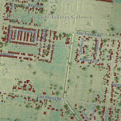 Close-up of the map of Murillo, Texas print showing street and building detail