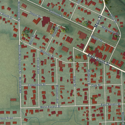 Close-up of the map of Monroeville, Indiana print showing street and building detail
