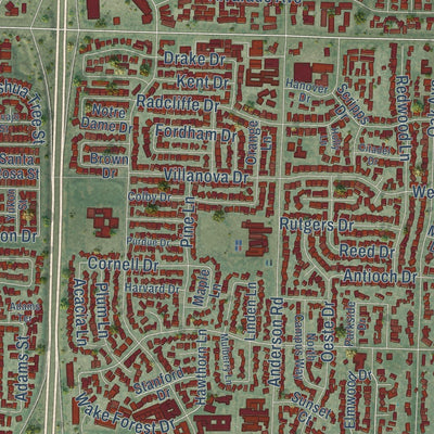 Close-up of the map of Davis, California print showing street and building detail