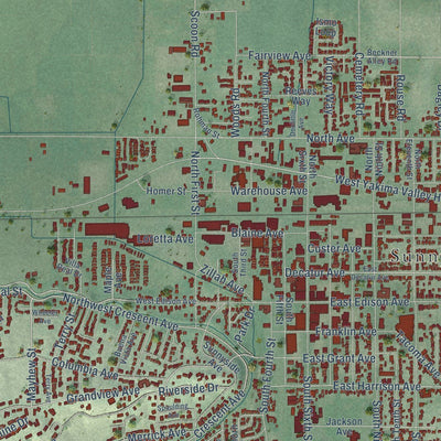 Close-up of the map of Sunnyside, Washington print showing street and building detail