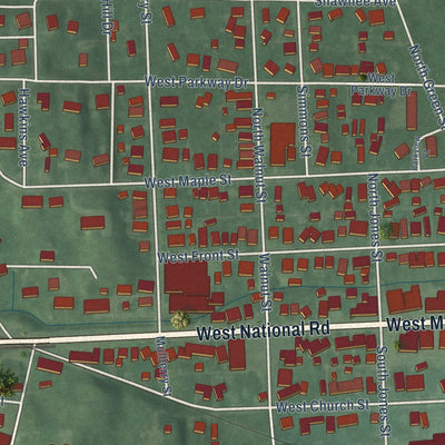 Close-up of the map of Cambridge City, Indiana print showing street and building detail