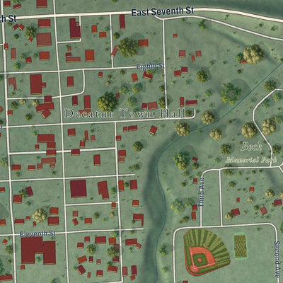 Close-up of the map of Decatur, Nebraska print showing street and building detail