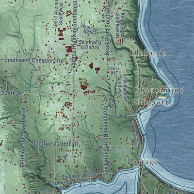 Close-up of the map of Vashon, Washington print showing street and building detail