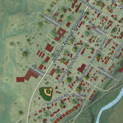 Close-up of the map of Watertown, Minnesota print showing street and building detail