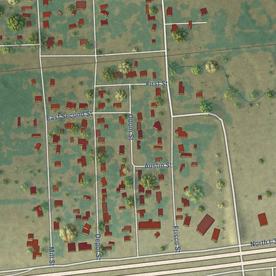 Close-up of the map of Cumby, Texas print showing street and building detail