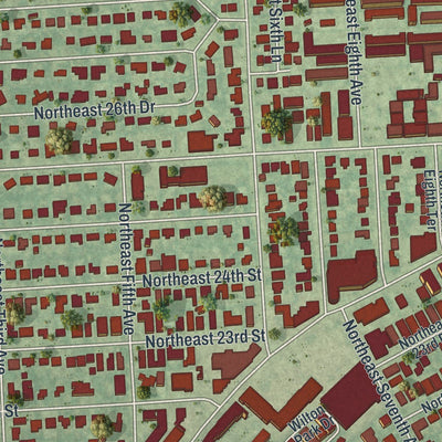 Close-up of the map of Wilton Manors, Florida print showing street and building detail