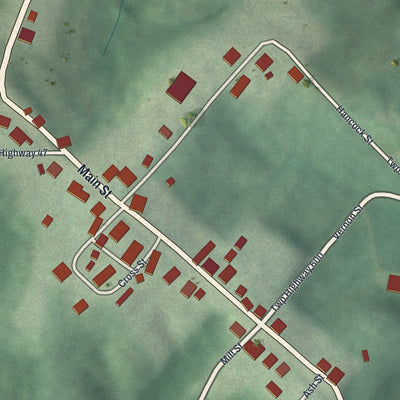 Close-up of the map of Antioch, Ohio print showing street and building detail