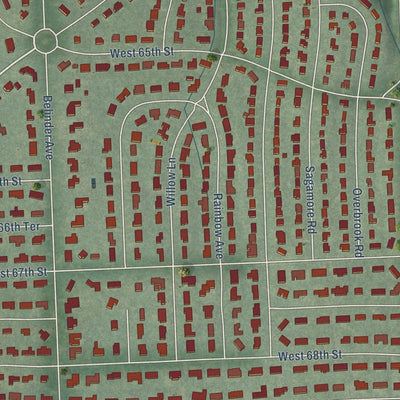 Close-up of the map of Mission Hills, Kansas print showing street and building detail