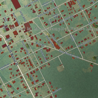 Close-up of the map of Pamplico, South Carolina print showing street and building detail