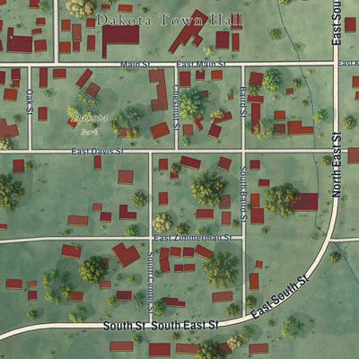 Close-up of the map of Dakota, Illinois print showing street and building detail