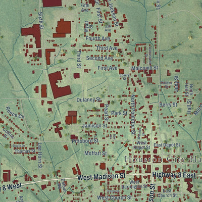 Close-up of the map of Houston, Mississippi print showing street and building detail
