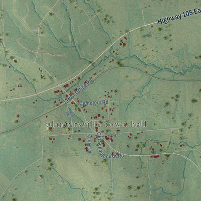 Close-up of the map of Plantersville, Texas print showing street and building detail