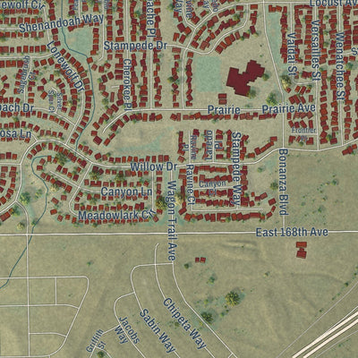 Close-up of the map of Lochbuie, Colorado print showing street and building detail