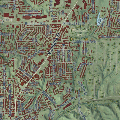Close-up of the map of Collinsville, Illinois print showing street and building detail
