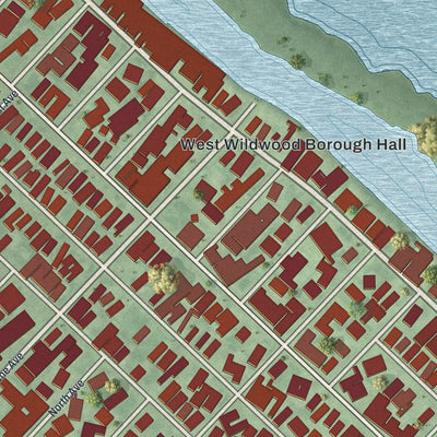 Close-up of the map of West Wildwood, New Jersey print showing street and building detail