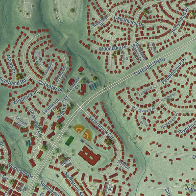 Close-up of the map of Cascades, Virginia print showing street and building detail