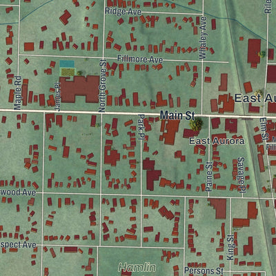 Close-up of the map of East Aurora, New York print showing street and building detail