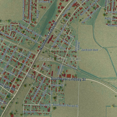 Close-up of the map of Hoxie, Arkansas print showing street and building detail